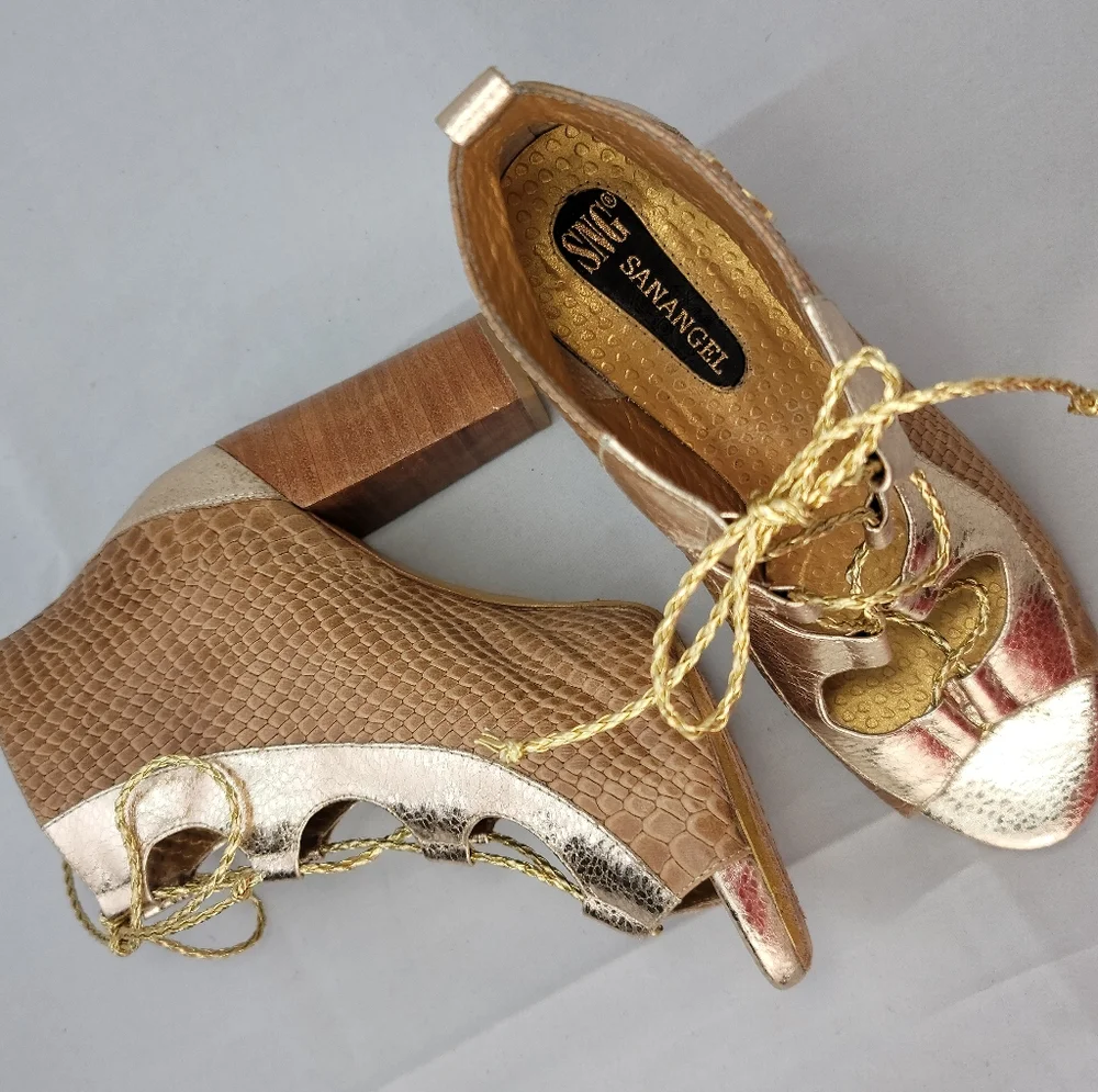 Lace Up Peep Toe Block Heel Leather Sandals Shoes Size 7